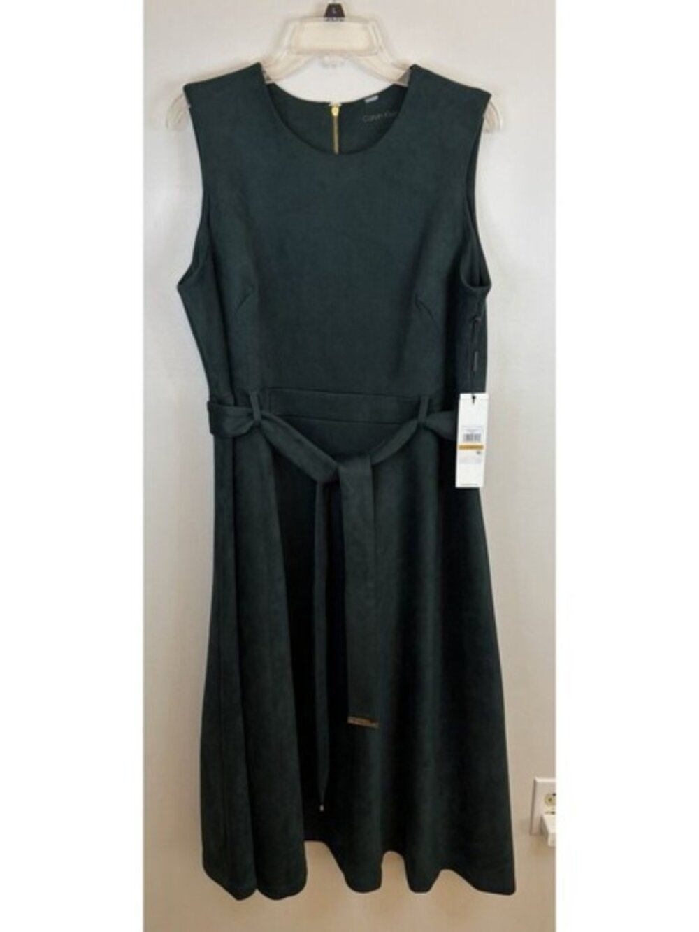 CALVIN KLEIN Green Faux-Suede Belted Fit to Flare Midi Dress Women 16W